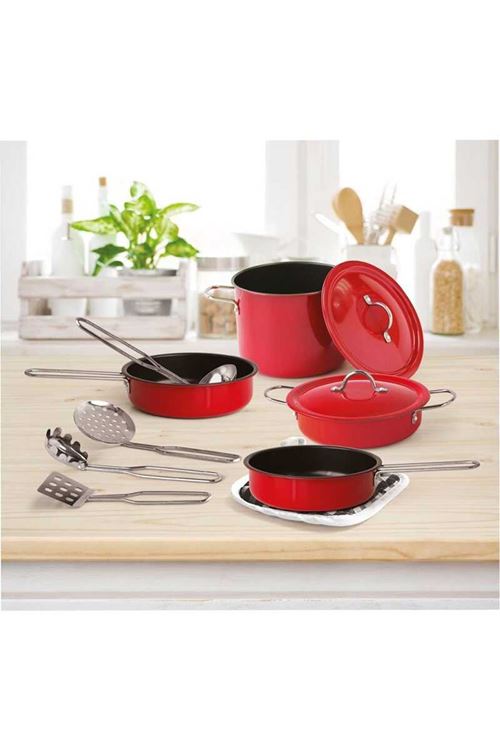 Oyuncak 11 Parça Yapışmaz Tencere Tava Seti Kırmızı