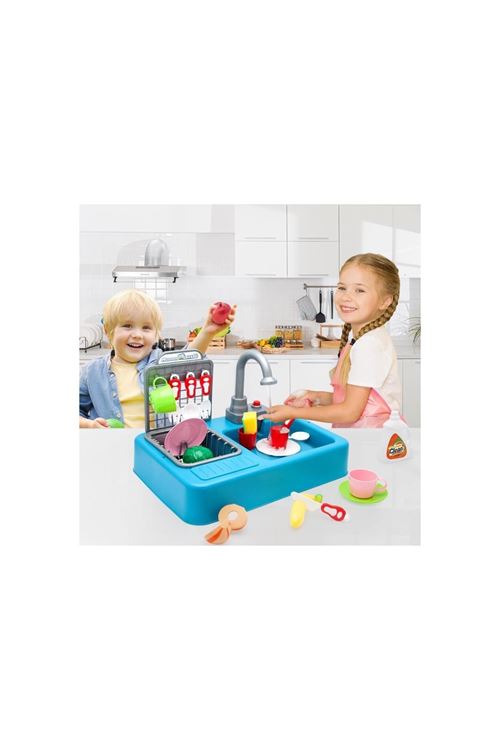 Modern Çeşmeli Lavabo Seti Mavi Pilli Mutfak Oyuncak Seti